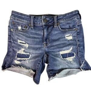 American Eagle Outfitters Denim Midi Shorts Distressed Ripped Blue Size 4‎